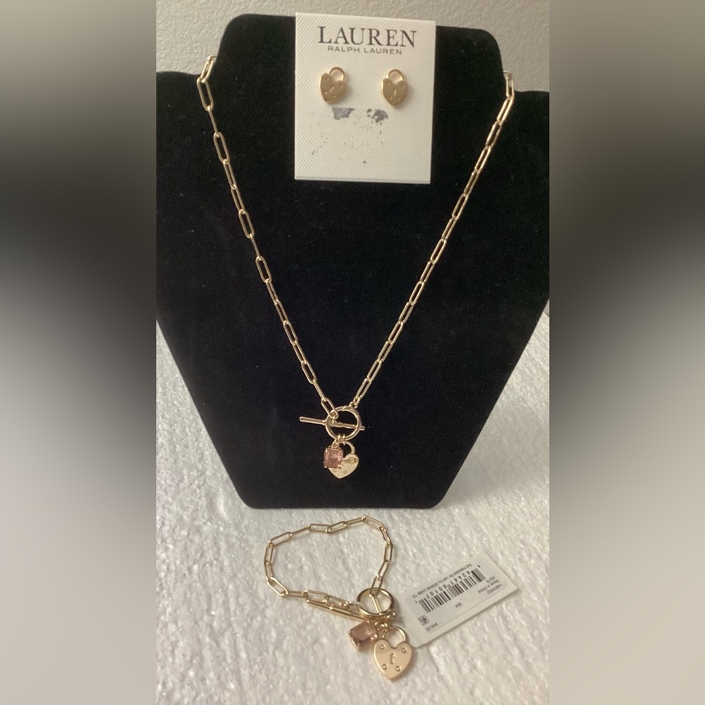 Lauren Ralph Lauren Gold Heart Toggle Necklace & Earrings Set